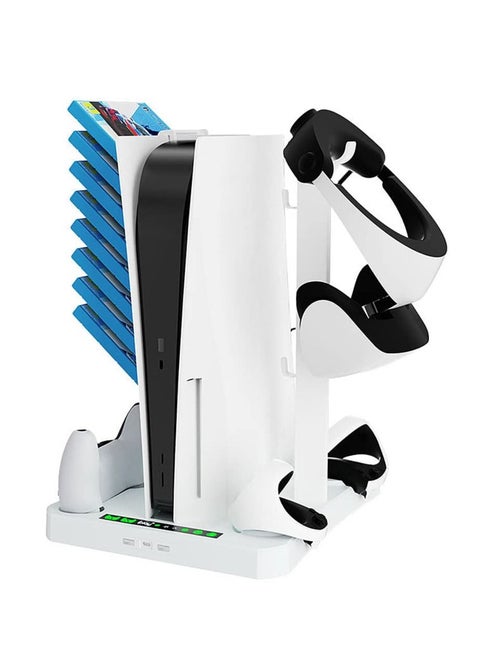 Storage Charging Station Compatible for PS VR2 for Playstation 5 Vertical Stand with Console Cooling Fan and Controller Charging Dock VR Headsets Holder
