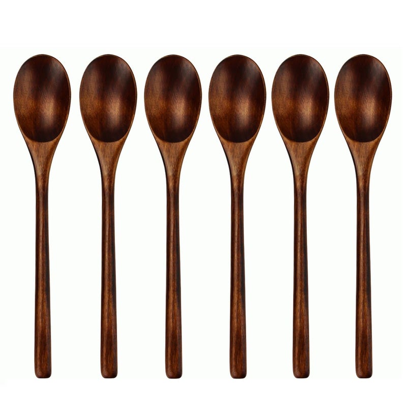 AOOSY Spoons, Wooden Spoons for Eating, 6 Pieces Japanese Natural Plant Ellipse Wooden Ladle Spoon Set for Cooking Mixing Stirring Honey Tea Soda Dessert Coconut Bowl Nonstick Pots Kitchen - Image 1