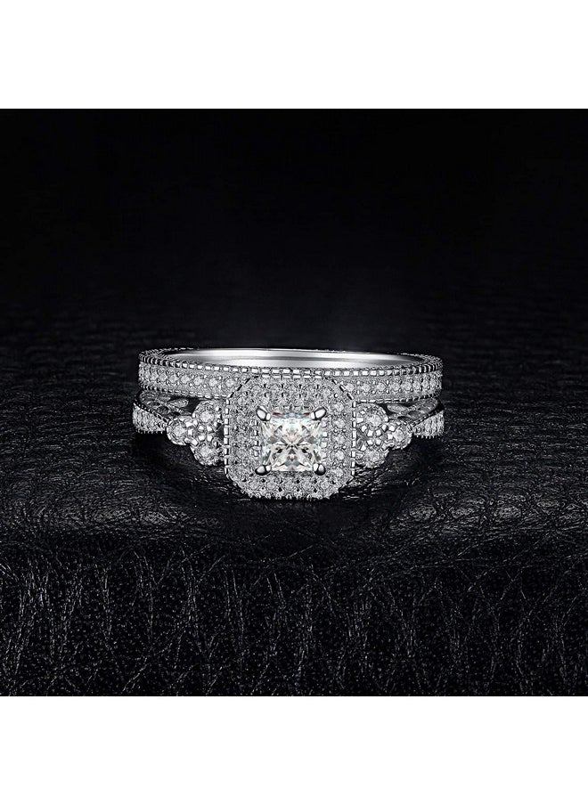 JewelryPalace - Wedding Bands Engagement Rings For Women 14K Gold Plated 925 Sterling Silver Cubic Zirconia Promise Rings Vintage Thick Anniversary 2Ct Princess Cut Halo Simulated Diamond Ring Set 7.5 - Image 1