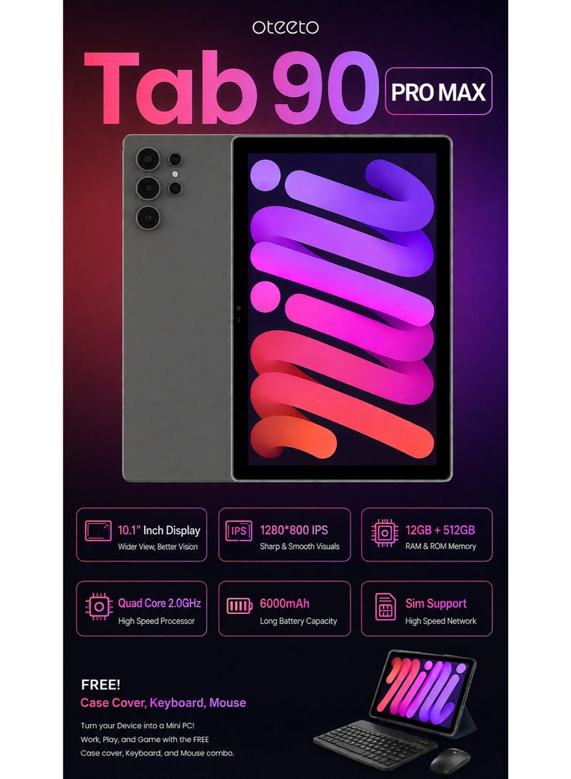 Oteeto Tab 90 PRO-MAX Slim Design | Gray | 12GB RAM + 512GB ROM | Ultra-Fast Quad-Core | Dual SIM | 10.0-inch Display | 5G Android Tablet | 8000mAh Powerhouse | Premium Performance & Style - Image 2