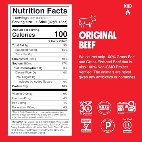 Chomps Grass-Fed and Finished Original Beef Jerky Snack Sticks 10-Pack - Keto, Paleo, Whole30, 10g Lean Meat Protein, Gluten-Free, Zero Sugar Food, Stocking Stuffer - Image 2