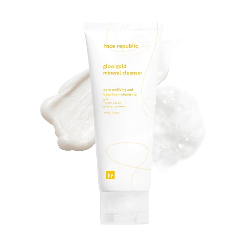 Face Republic Glow Gold Mineral Cleanser 100ml 338 fl oz  Deep Pore Purifying Foam  Vitalizing for Dull Skin  Gold Rice Bran Ginseng Vitamins Niacinamide  Vegan Korean Skincare