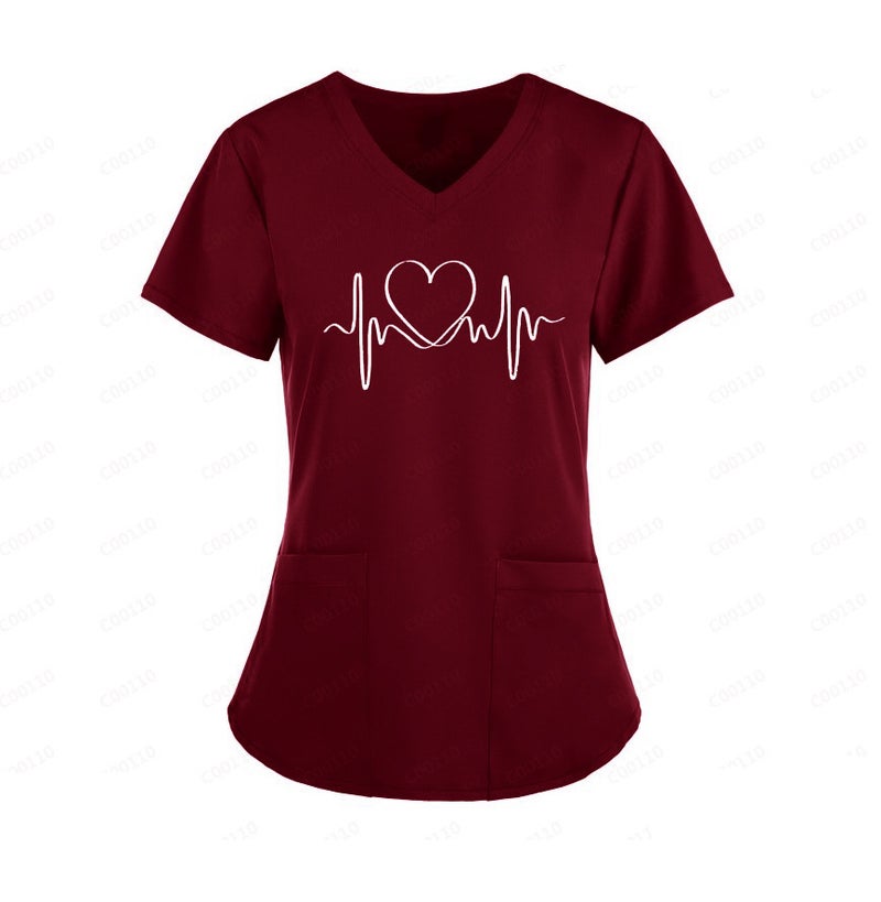 2024 Summer Nurse Fixture Printed Shirt V-Neck Large Pocket Short-Sleeved T-Shirt Women'S Wear - Image 1