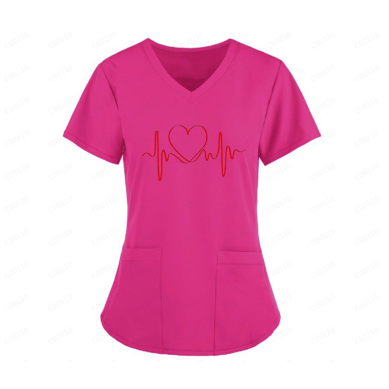 2024 Summer Nurse Fixture Printed Shirt V-Neck Large Pocket Short-Sleeved T-Shirt Women'S Wear - Image 4