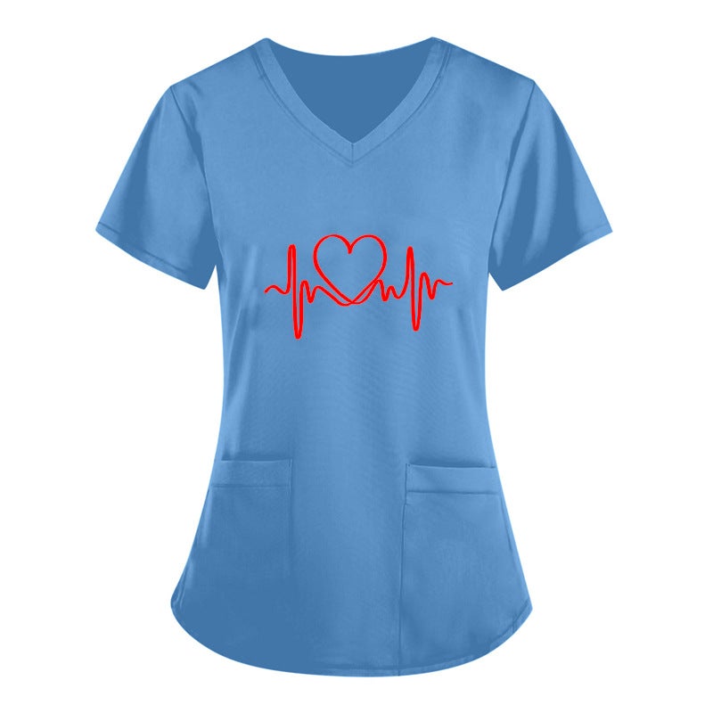 2024 Summer Nurse Fixture Printed Shirt V-Neck Large Pocket Short-Sleeved T-Shirt Women'S Wear - Image 5