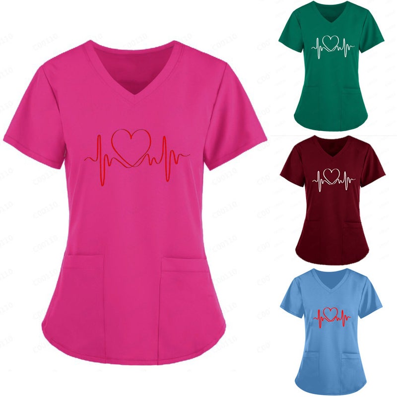 2024 Summer Nurse Fixture Printed Shirt V-Neck Large Pocket Short-Sleeved T-Shirt Women'S Wear - Image 2