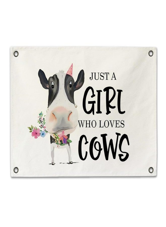 ARPTCN Just a Girl Who Loves Cows Canvas Banner Wall Decor Funny Watercolor Cow Pictures with Floral Farmhouse Wall Art for Girls Room Living Room Country Home Decor 30x19 Inches - Image 1