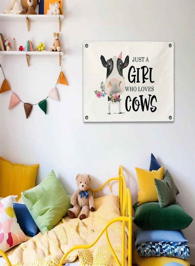 ARPTCN Just a Girl Who Loves Cows Canvas Banner Wall Decor Funny Watercolor Cow Pictures with Floral Farmhouse Wall Art for Girls Room Living Room Country Home Decor 30x19 Inches - Image 3