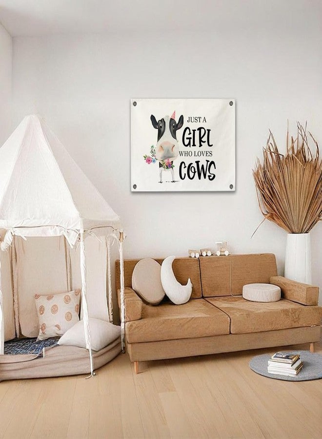ARPTCN Just a Girl Who Loves Cows Canvas Banner Wall Decor Funny Watercolor Cow Pictures with Floral Farmhouse Wall Art for Girls Room Living Room Country Home Decor 30x19 Inches - Image 2