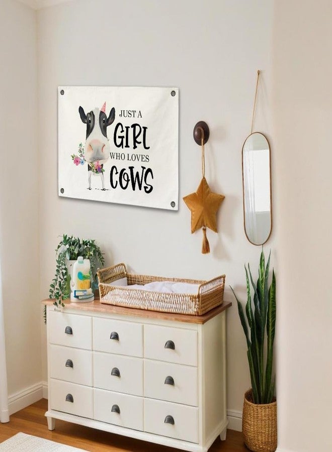 ARPTCN Just a Girl Who Loves Cows Canvas Banner Wall Decor Funny Watercolor Cow Pictures with Floral Farmhouse Wall Art for Girls Room Living Room Country Home Decor 30x19 Inches - Image 5