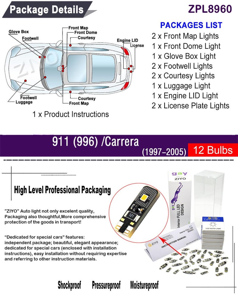 ZIYOLIGHT ZIYO ZPL8960 - (12 Bulbs) LED Interior Light Kit Replacement for Porsche 911 996 / Carrera/Turbo/Targa 1997-2005 + License Plate Light Bulbs Package, Xenon White Dome Lights Error Free - Image 2