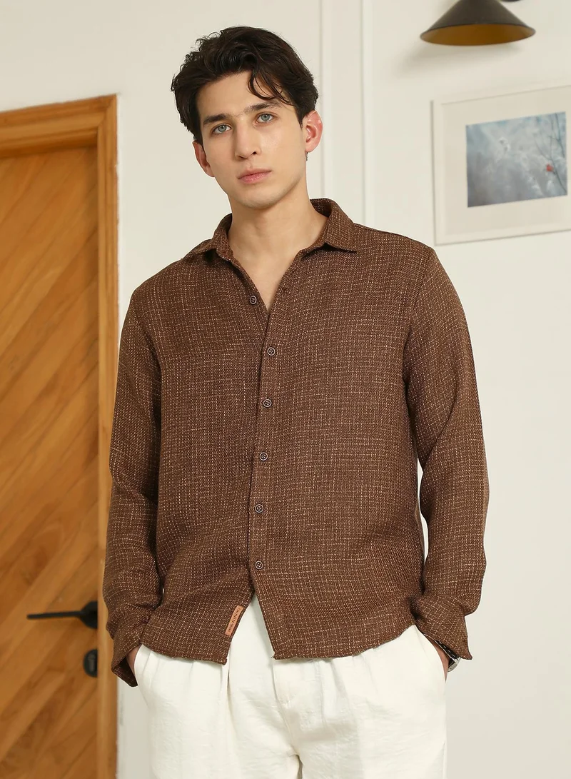 Campus Sutra Men's Brown Textured Cotton Blend Full Sleeve Shirt