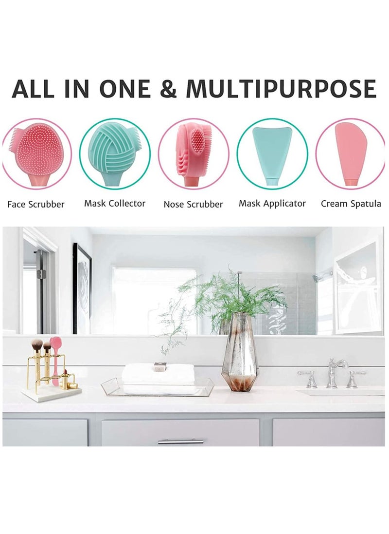 4 in 1 Facial Cleansing Brush with Cream Applicator for Pore Cleansing Gentle Exfoliating Removing Blackhead (Green and Pink)