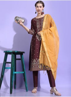 Vishudh Burgundy Printed Viscose Rayon Kurta Set with Dupatta  - Image 1