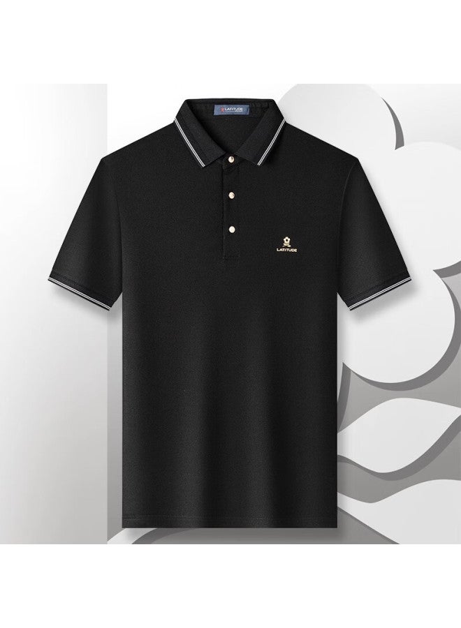 Montagut Mid-autumn Gift For Dad Short Sleeve Polo Shirt Summer Mulberry Silk Cool Breathable Special Edition Button Black 3XL - Image 1