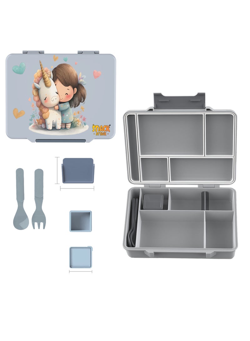 Snack attack صندوق غداء بنيوتا للاعبين للأطفال - صندوق غداء قابل للتحويل بـ 5 أقسام مع ختم سيليكون مضاد للتسرب - مادة غذائية خالية من BPA - يتضمن حاوية صلصة غمس، ملعقة وشوكة - تصميم فني ممتع للألعاب - Image 1