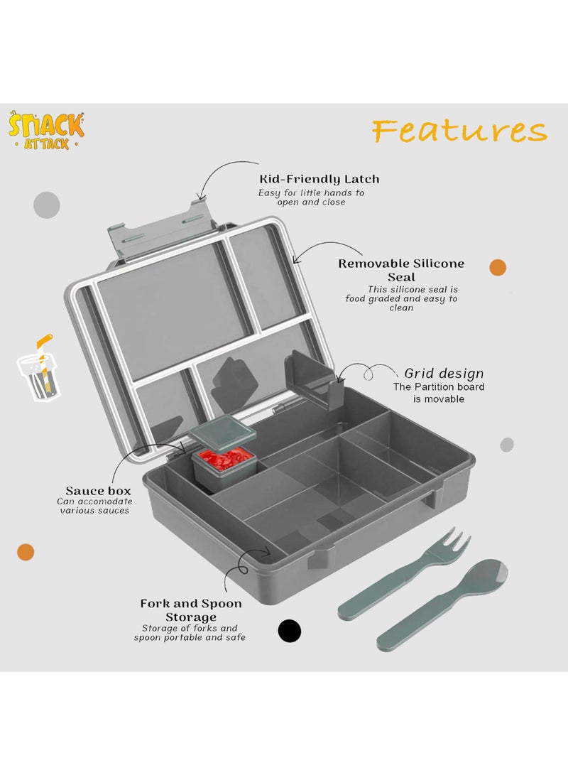 Snack attack صندوق غداء بنيوتا للاعبين للأطفال - صندوق غداء قابل للتحويل بـ 5 أقسام مع ختم سيليكون مضاد للتسرب - مادة غذائية خالية من BPA - يتضمن حاوية صلصة غمس، ملعقة وشوكة - تصميم فني ممتع للألعاب - Image 4