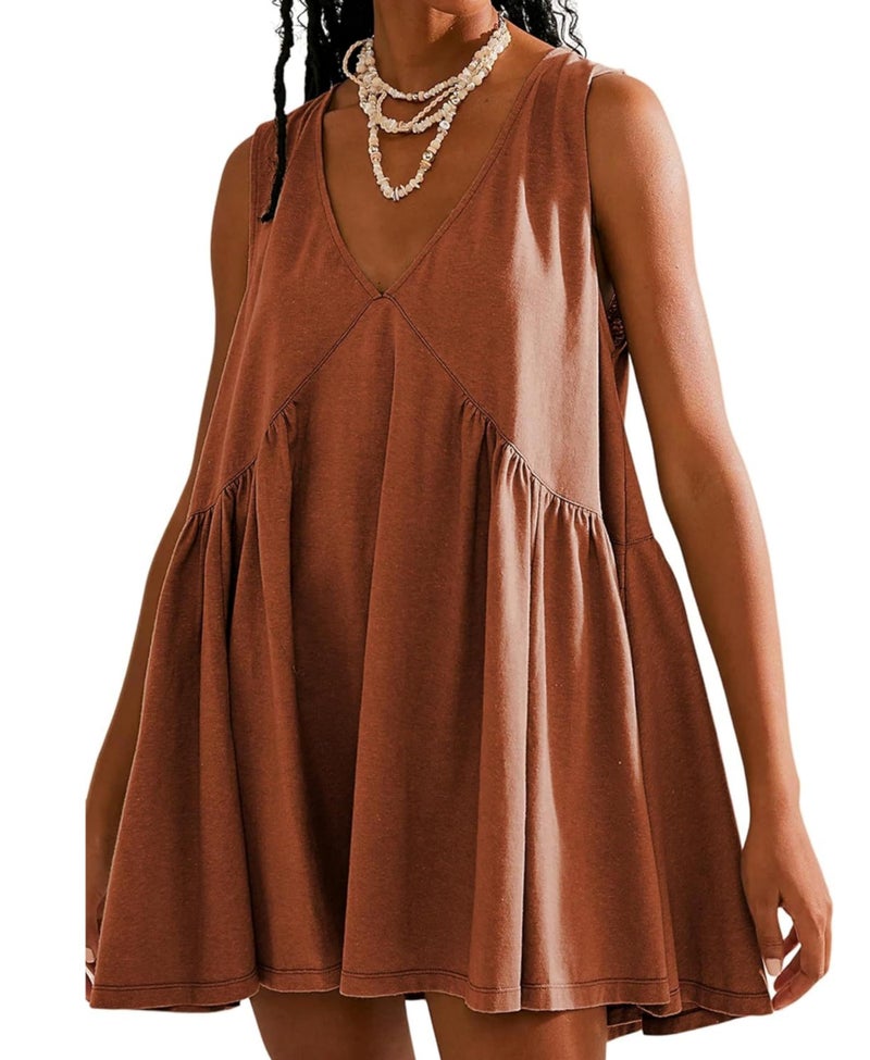 OPCAKM Women's V Neck Sleeveless Mini Dress Loose Summer Pleated Swing Flowy Sundress(Rust-S) - Image 4