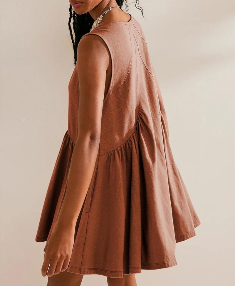 OPCAKM Women's V Neck Sleeveless Mini Dress Loose Summer Pleated Swing Flowy Sundress(Rust-S) - Image 3