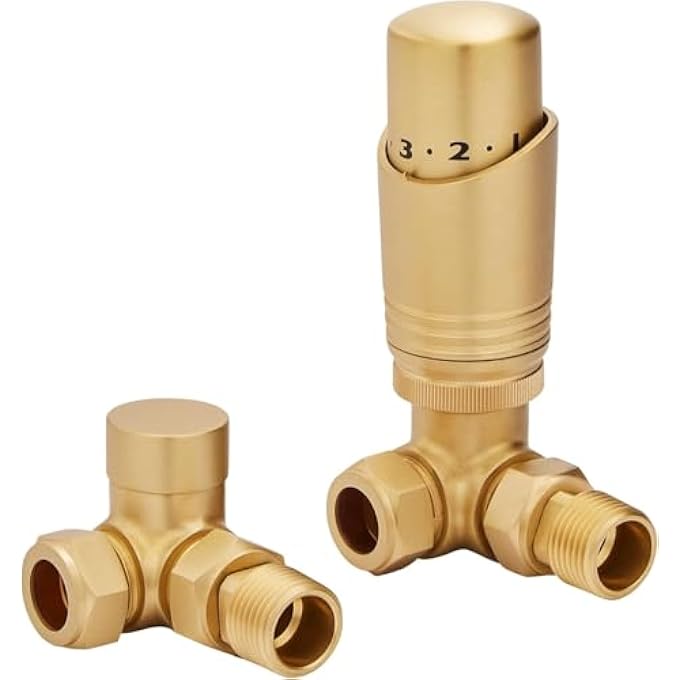 BRUSHED BRASS CORNER THERMOSTATIC RADIATOR VALVES & LOCKSHIELD 15MM PACK SET KT, 15MM X 1/2'' - Image 1