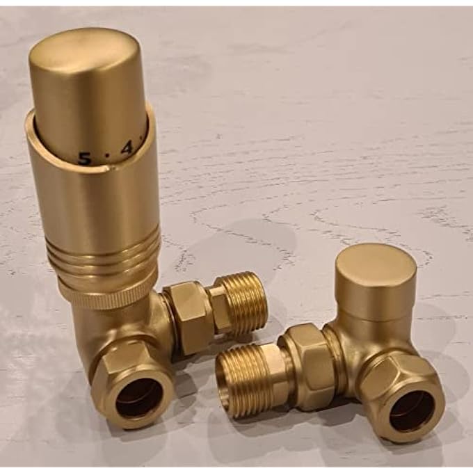 BRUSHED BRASS CORNER THERMOSTATIC RADIATOR VALVES & LOCKSHIELD 15MM PACK SET KT, 15MM X 1/2'' - Image 3
