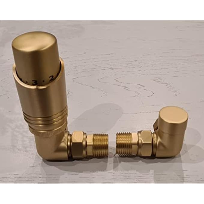 BRUSHED BRASS CORNER THERMOSTATIC RADIATOR VALVES & LOCKSHIELD 15MM PACK SET KT, 15MM X 1/2'' - Image 2
