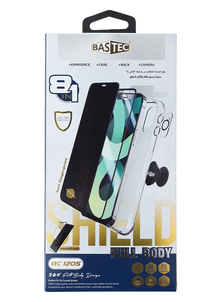 باس تيك بكج حماية الجوال المتكامل لجوال آيفون  Pro Max15، يتكون من حماية أمامية ، حماية خلفية وأطراف تغليف حراري -كفر للجوال -حماية للكاميرا -أدوات التركيب والتنظيف - مسكة جوال - Image 1