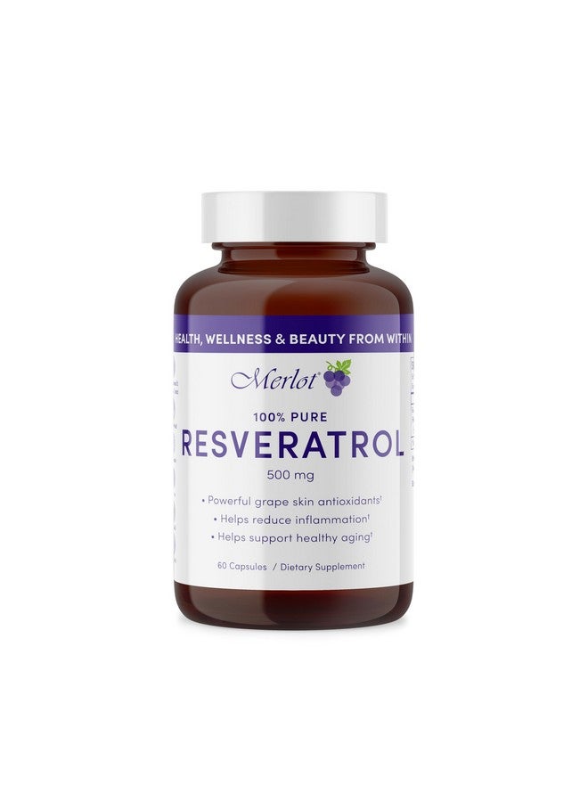 Merlot Resveratrol 500mg Capsules - 60 Count - Beauty Within AntiAging Supplement Non GMO Gluten Free- Made in USA - Image 1