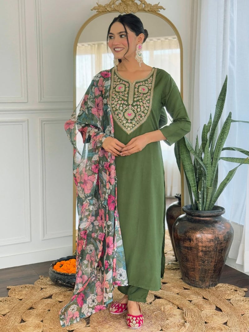 Naixa Women's Rayon Embroidered Straight Kurta with Pant and Dupatta Sets (NX-707-Mahendi-M) - Image 2