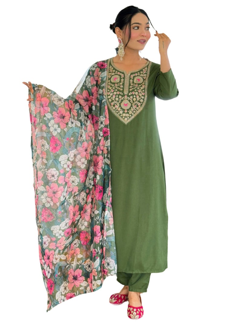 Naixa Women's Rayon Embroidered Straight Kurta with Pant and Dupatta Sets (NX-707-Mahendi-M) - Image 1