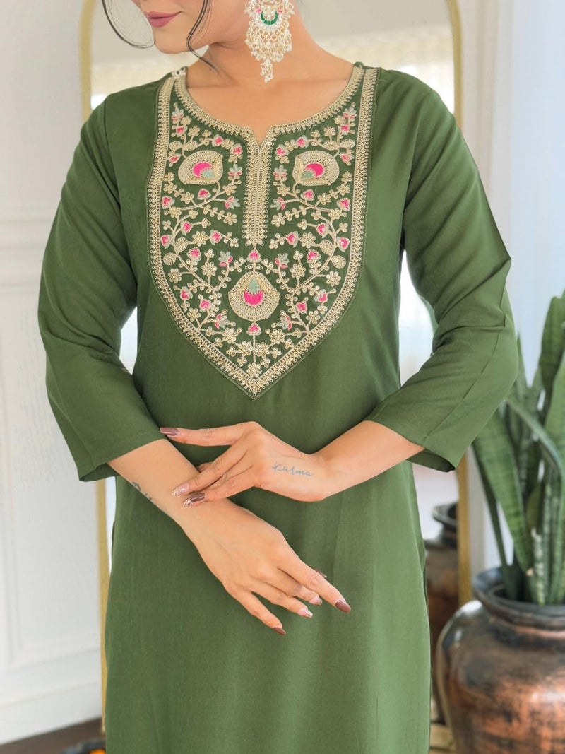 Naixa Women's Rayon Embroidered Straight Kurta with Pant and Dupatta Sets (NX-707-Mahendi-M) - Image 5