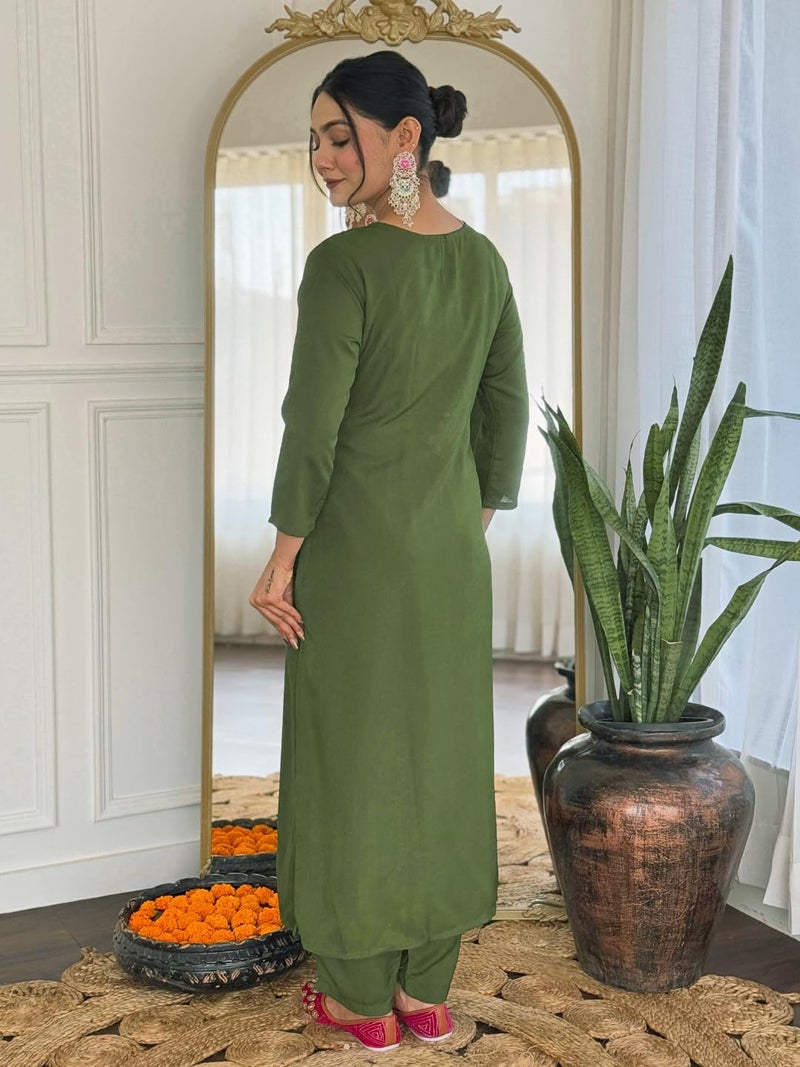 Naixa Women's Rayon Embroidered Straight Kurta with Pant and Dupatta Sets (NX-707-Mahendi-M) - Image 4