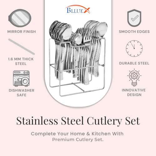 BLLUEX Premium Stainless Steel, 25-Piece Cutlery Set for Kitchen & Table (6 Dessert Spoons, 6 Dessert Forks, 6 Tea Spoons, 6 Soup Spoons, 1 Storage Stand) (25, Silver) - Image 3