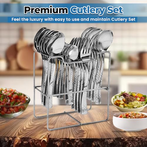 BLLUEX Premium Stainless Steel, 25-Piece Cutlery Set for Kitchen & Table (6 Dessert Spoons, 6 Dessert Forks, 6 Tea Spoons, 6 Soup Spoons, 1 Storage Stand) (25, Silver) - Image 2