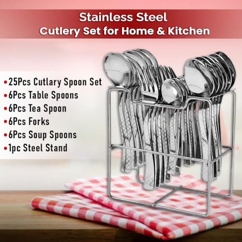 BLLUEX Premium Stainless Steel, 25-Piece Cutlery Set for Kitchen & Table (6 Dessert Spoons, 6 Dessert Forks, 6 Tea Spoons, 6 Soup Spoons, 1 Storage Stand) (25, Silver) - Image 5