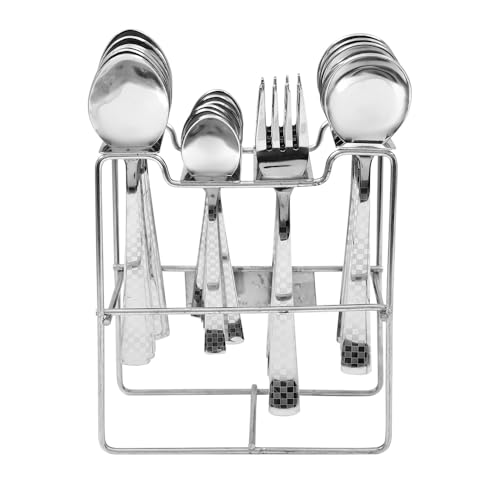 BLLUEX Premium Stainless Steel, 25-Piece Cutlery Set for Kitchen & Table (6 Dessert Spoons, 6 Dessert Forks, 6 Tea Spoons, 6 Soup Spoons, 1 Storage Stand) (25, Silver) - Image 1