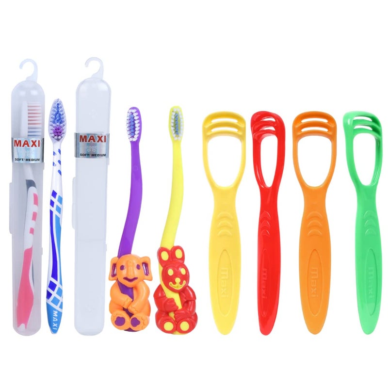 MAXI Oral Care Combo of 8-(2 Kids) Bingo Junior Toothbrush & (2 Adults) For You Toothbrush & (4 TC) 1 Number Tongue Cleaner - Image 1