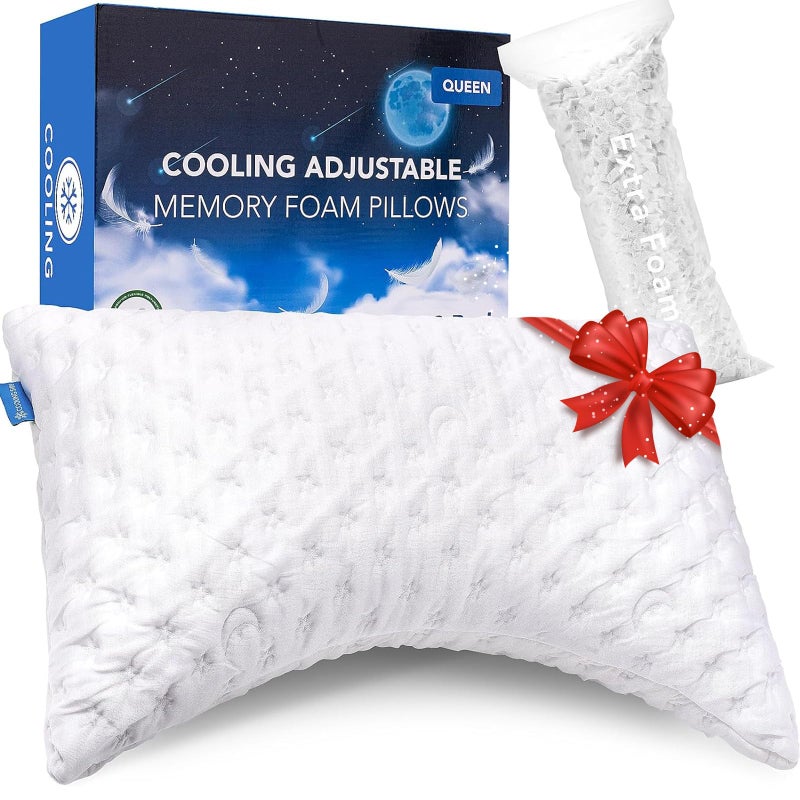 Cooling Side Sleeper Pillow for Neck and Shoulder Pain Luxury Shredded Memory Foam Curved Bed Pillows for Sleeping Set of 1 Adjustable Queen Size Washable Cover Crescent White