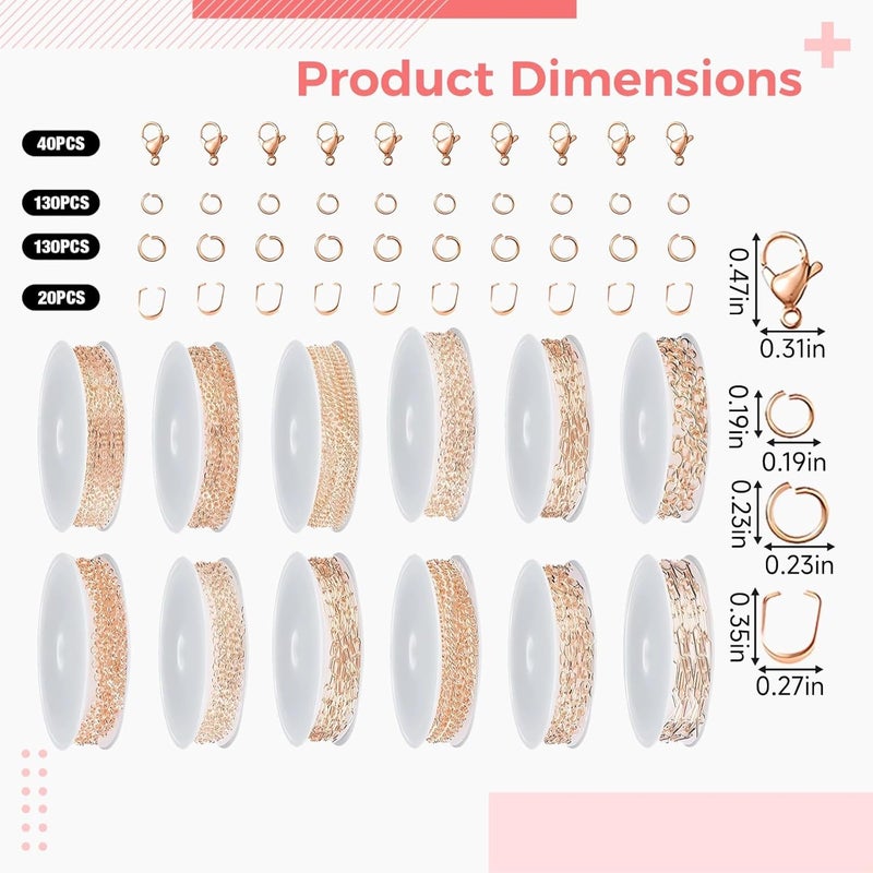 Link O Link, 12 Pcs Rose Gold Electroplated Jewelry Chains Set, Multiple Sizes, Jump Rings with Lobster Clasps for DIY Jewelry - Image 4