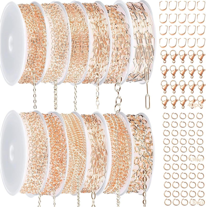 Link O Link, 12 Pcs Rose Gold Electroplated Jewelry Chains Set, Multiple Sizes, Jump Rings with Lobster Clasps for DIY Jewelry - Image 1