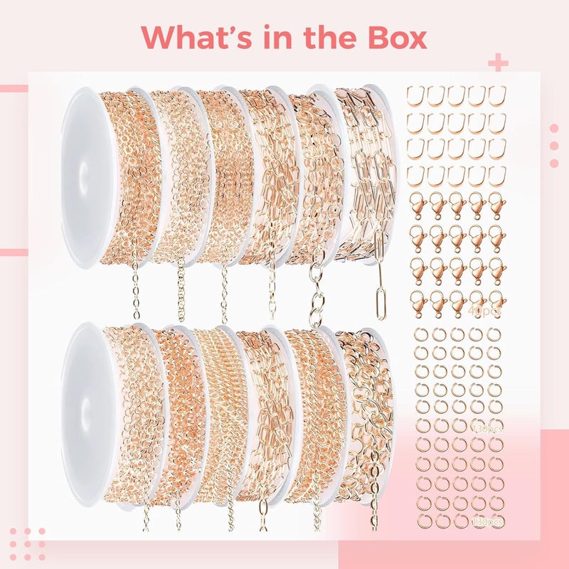 Link O Link, 12 Pcs Rose Gold Electroplated Jewelry Chains Set, Multiple Sizes, Jump Rings with Lobster Clasps for DIY Jewelry - Image 5