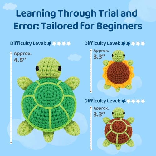 Mewaii Beginner Crochet Kit with 40% Extra Yarn, Pre-Started Yarn & Video Tutorials - 3 Sea Turtles Craft Set for Adults & Kids - Image 5