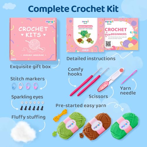 Mewaii Beginner Crochet Kit with 40% Extra Yarn, Pre-Started Yarn & Video Tutorials - 3 Sea Turtles Craft Set for Adults & Kids - Image 4