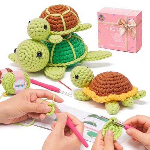 Mewaii Beginner Crochet Kit with 40% Extra Yarn, Pre-Started Yarn & Video Tutorials - 3 Sea Turtles Craft Set for Adults & Kids - Image 1
