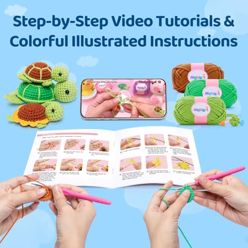 Mewaii Beginner Crochet Kit with 40% Extra Yarn, Pre-Started Yarn & Video Tutorials - 3 Sea Turtles Craft Set for Adults & Kids - Image 3