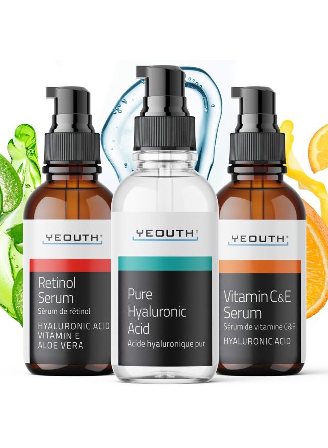 Yeouth Skin Care Set: Hyaluronic Acid Serum for Face, Retinol Serum for Face and Vitamin C, Skincare Set Targets Appearance of Uneven Skin Tone and Dryness 3x1 oz  - Image 1
