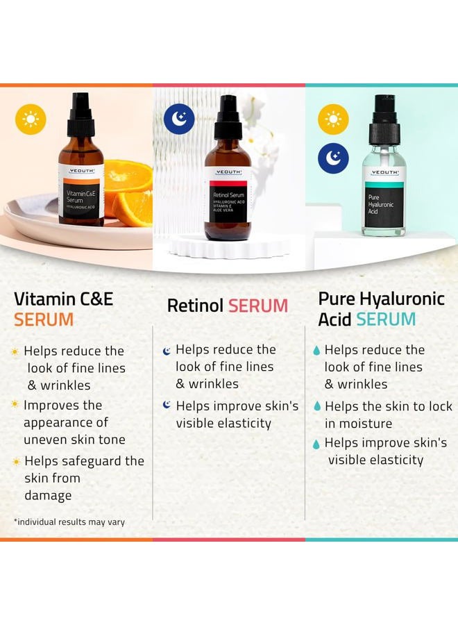 Yeouth Skin Care Set: Hyaluronic Acid Serum for Face, Retinol Serum for Face and Vitamin C, Skincare Set Targets Appearance of Uneven Skin Tone and Dryness 3x1 oz  - Image 2