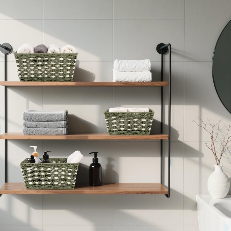 OIAHOMY Wicker Storage Baskets, Paper Rope Shelf Bins, Decortive Baskets for Organizing, Set of 3-Green & White - Image 2