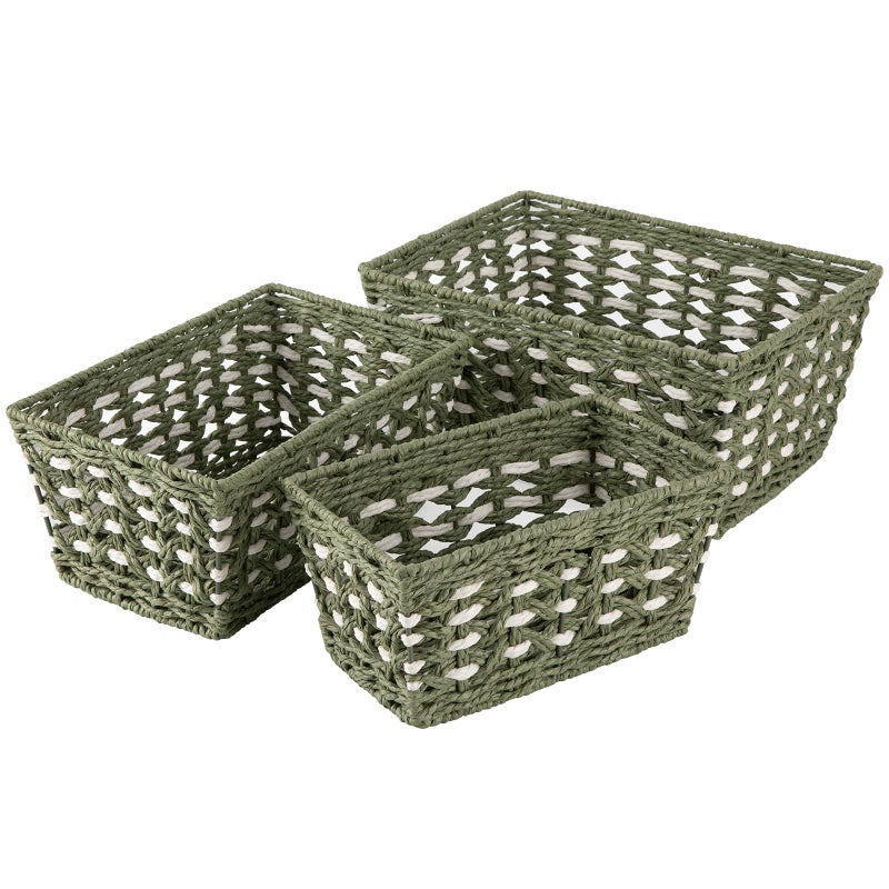 OIAHOMY Wicker Storage Baskets, Paper Rope Shelf Bins, Decortive Baskets for Organizing, Set of 3-Green & White - Image 1
