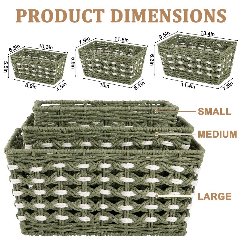 OIAHOMY Wicker Storage Baskets, Paper Rope Shelf Bins, Decortive Baskets for Organizing, Set of 3-Green & White - Image 3